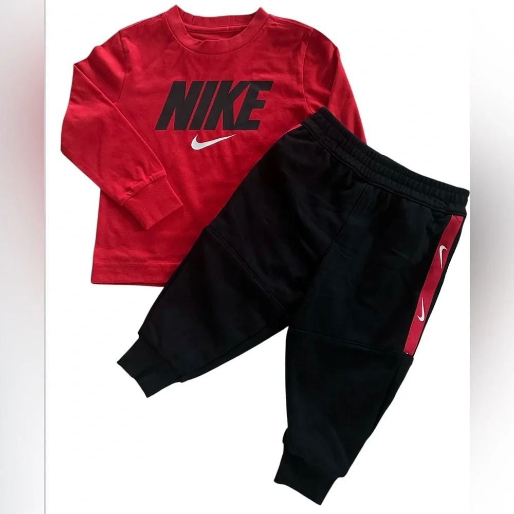 Nike Boys 2T Red long sleeve tee & Black Jogger Pants Set